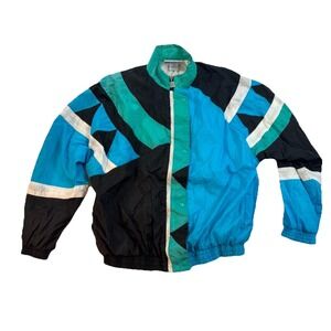 Vintage Dunlop Tennis Turbo Plus 90s Lined Windbreaker Jacket L Black Teal